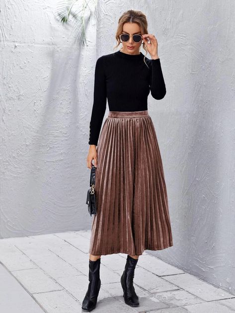 High Waist Velvet Pleated Skirt | SHEIN USA Midi Velvet Skirt Outfit, Velvet Skirts For Women, Velvet Long Skirt Outfit, Champagne Pleated Skirt Outfit, Pleated Velvet Skirt Outfit, Velour Skirt Outfit, Long Velvet Skirt Outfit, Velvet Skirt Outfit Winter, Brown Pleated Skirt Outfit