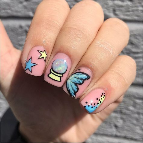 Crystal Ball Nails, Hands On Crystal Ball, Hands Holding Crystal Ball Tattoo, Crystal Ball Nail Art, Nail Butterfly, Hand Drawn Nail Art, Crystal Ball Bracelet, Butterfly Nails Drawn On, Uk Nails