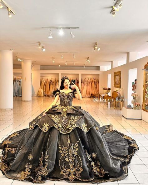 Black And Gold Xv Dress, Black Gold Quinceanera Dresses, Black Charro Quince Dress, Black And Gold Ballgown, Rancho Quince, Quinceanera Black And Gold, Black And Gold Quinceanera Dresses, Black Quinceanera Dresses Mexican, Masquerade Quinceanera Ideas