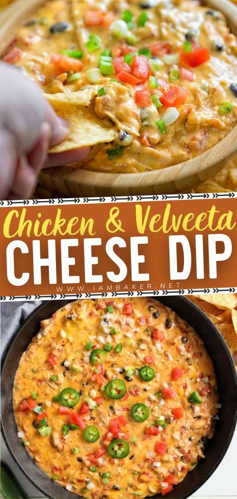 Excited for game day? Chicken and Velveeta Cheese Dip has all the flavors of rotisserie chicken, Velveeta cheese cubes and fresh veggies. Its as simple as dumping all of the ingredients in a skillet and baking it. This dip for game day will surely be a family favorite! Save this game day idea! Chicken Velveeta Dip, White Velveeta Recipes, Chicken Velveeta Recipes, Dips With Velveeta Cheese, Velveeta Dip Recipes, Velvetta Cheese Dip, Game Day Chicken, Velveeta Dip, Queso Dip Velveeta