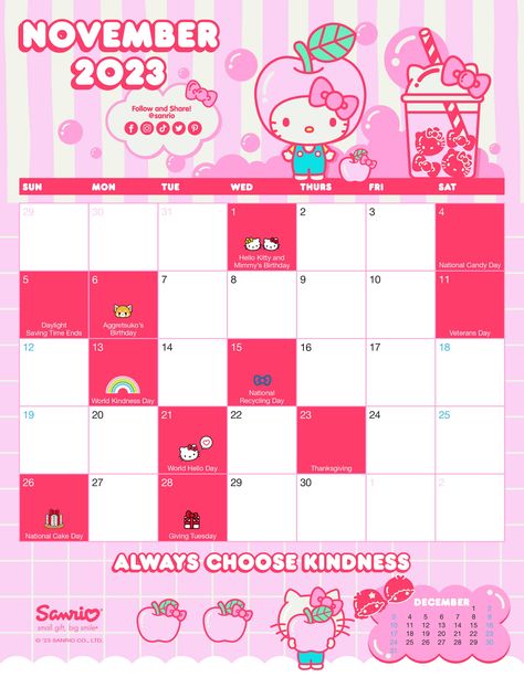 Sanrio Friend of the Month Sanrio Friend Of The Month, National Candy Day, Calendar November, Calendars 2024, November Calendar, World Kindness Day, Adorable Homes Game, Hello Kitty Themes, Cute Calendar