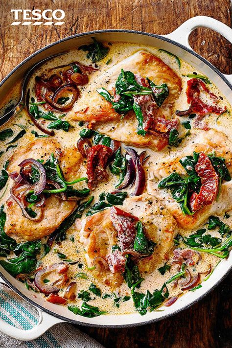 Creamy Spinach Chicken, French Mustard, Spinach Chicken, Tesco Real Food, Chicken And Spinach, Herb Chicken, Midweek Meals, Creamy Spinach, Spinach Stuffed Chicken