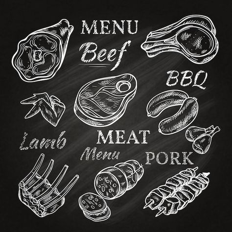 Ham Skewers, Meat Icon, Meat Art, Restaurant Web, Chalkboard Vector, Vintage Bakery, Meat Shop, Restaurant Menu Template, Pork Ham