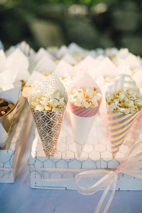 Sweet and subtle shine at this gorgeous backyard wedding Wedding Sweet And Salty Bar, Sweet Bar Ideas, Sweet Bar Wedding, Ideas De Candy Bar, Dessert Buffet Ideas, Wedding Popcorn Bar, Candy Bar Ideas, Salty Bar, Wedding Candy Bar