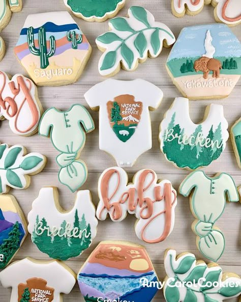 National Park Gender Reveal, National Park Baby Shower Cookies, Baby Shower National Park Theme, National Park Baby Shower Ideas, Camp Theme Baby Shower Ideas, National Park Cookies, Mountains Baby Shower Theme, National Park Themed Baby Shower Ideas, Baby Shower Mountain Theme