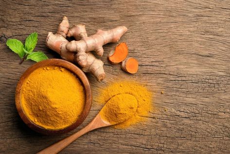 Flat lay (top view) of turmeric (curcumi... | Premium Photo Raw Garlic, Eye Sight Improvement, How To Get Rid Of Pimples, Turmeric Curcumin, Nature Table, Cinnamon Powder, Turmeric Root, Heart Health, Natural Treatments