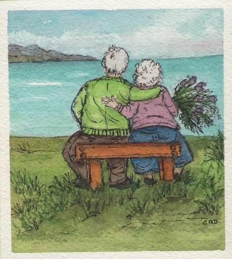 WATERCOLOR.... OLD COUPLE Old Couple Sketch, Old Couple Drawing, Old Couple Art, Pond Paintings, Couple Watercolor Painting, Couple Watercolor, Watercolor Art Face, Pond Painting, Wedding Drawing