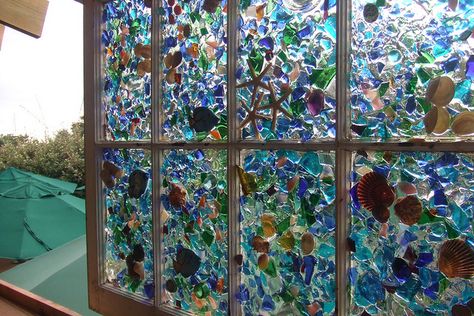 sea glass and sea shell window art | Flickr - Photo Sharing! A beautiful piece of art. Sea Glass Window, Glass Window Art, Mosaic Stained, Glass Art Projects, Beach Glass Art, Sea Glass Crafts, Seashell Art, Glass Candy, Glass Pieces