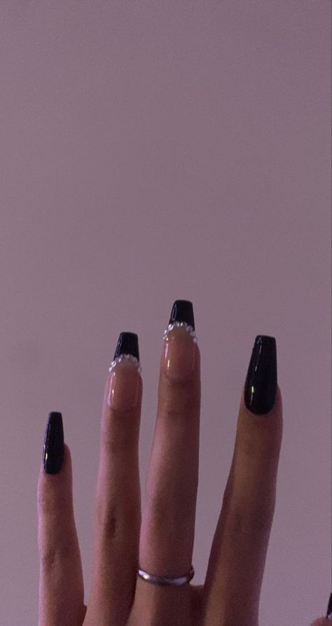 simple but sweet Acrylic Nails Ideas Ballerina Medium, Black Fake Nails Acrylics, Simple Black Nail Inspo Short, Dark French Tip Nails Coffin, Black Nail Inspo With Gems, Prom Acrylics Coffin, Nails Acrylic Concert, Coffin Shape Nails Designs Black, Black French Tip Nails With Gems Almond