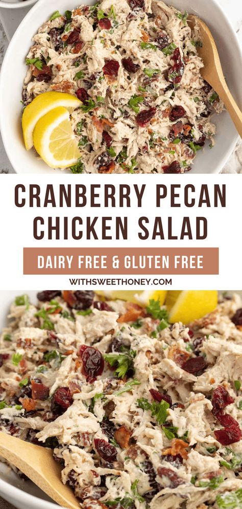 This easy cranberry and pecan chicken salad is the perfect blend of tender chicken, tart dried cranberries and crunchy pecans. Whether enjoyed on its own, in a sandwich, or on a bed of greens, this chicken salad is versatile for any occasion. #chickensalad Chicken Tart, Chicken Salad No Mayo, Cranberry Pecan Chicken Salad, Easy Whole30 Recipes, Cranberry Chicken Salad, Summer Lunches, Cleaning Eating, Pecan Chicken Salads, Gluten Free Dinners