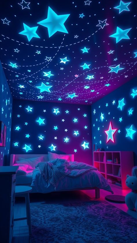 A bedroom with glow-in-the-dark stars on the walls and ceiling in blue and pink colors. Bright Bedding, Neon Colour Palette, Neon Accessories, Neon Bedroom, Dark Stars, Neon Wall Art, Dark Star, Pink Bedding, Study Space