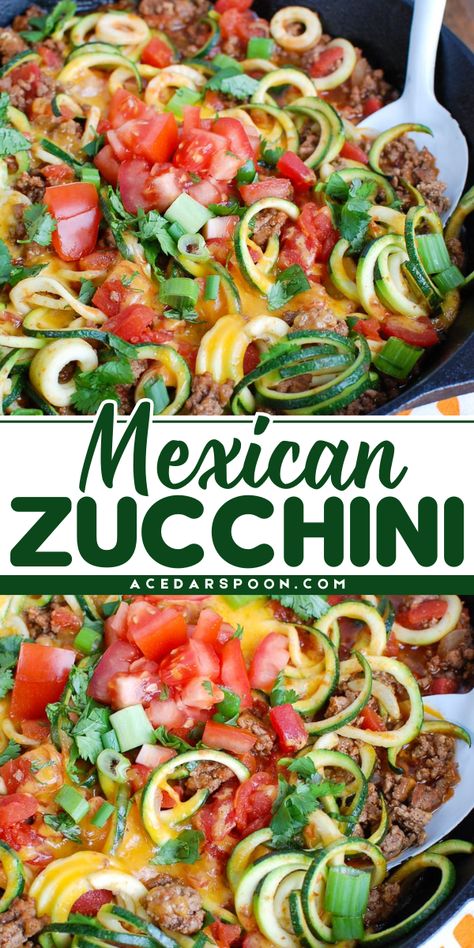 Check out this Mexican zucchini recipe for a savory zucchini dish! This Mexican zucchini dish is easy to make. It's a low-carb filling meal that will impress you! Make the BEST zucchini recipe now! Spiralized Zucchini Recipes, Mexican Zucchini, Ground Beef Pasta, Taco Ingredients, Zucchini Recipe, Beef Pasta, One Skillet, Easy Mexican, Beef And Noodles