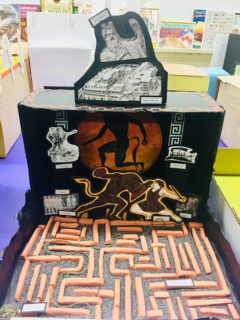 Greek Mythology Diorama - Theseus and the Minotaur Greek Mythology School Project, Greek Mythology Projects, Ancient Greece Ks2, Hercules Mythology, Greek Myths For Kids, Ancient Greece Crafts, Greek Mythology Lessons, Activies For Kids, Theseus And The Minotaur