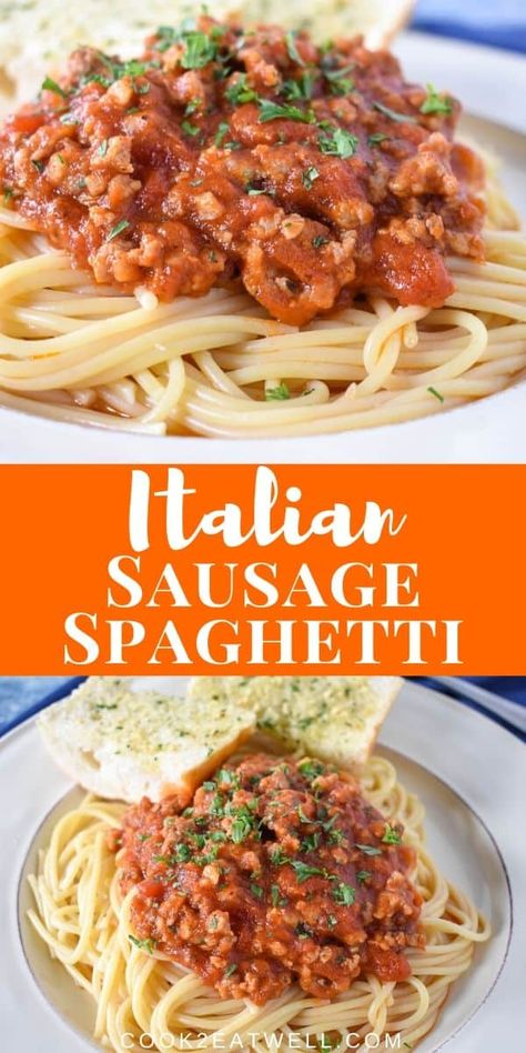 This Italian sausage spaghetti is perfect for busy nights. This pasta dish combines pantry staples with fresh ingredients to make a delicious dinner the whole family will enjoy. The spaghetti sauce is made with jarred pasta sauce but we add a special touch with onions, lots of garlic, fire-roasted tomatoes and flavorful Italian sausage. #italiansausagespaghetti #italiansausagesauce #pasta Italian Sausage Pasta Sauce, Italian Sausage Spaghetti, Sausage Pasta Sauce, Sausage Sauce, Pastas Recipes, Italian Sausage Pasta, Sausage Spaghetti, Italian Sausage Recipes, Homemade Spaghetti Sauce