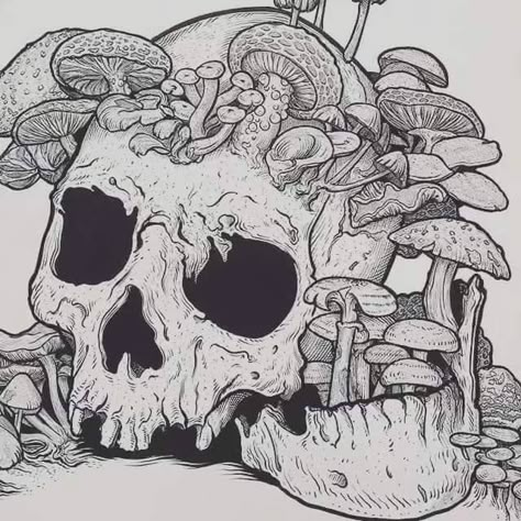 Mushroom Man Tattoo, Eldritch Tattoo, Overgrown Plants, Mushroom Skull, Skeleton Art, Mushroom Fungi, Tattoo Art Drawings, Spine Tattoos, Dark Art Drawings