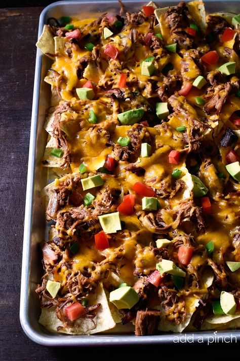 Brisket Nachos Recipe - Add a Pinch Brisket Nachos, Ham Dishes, Savory Appetizers, Pork Brisket, Southwestern Recipes, Nachos Recipe Easy, Homemade Crunchwrap Supreme, Smoked Beef Brisket, Brisket Recipes