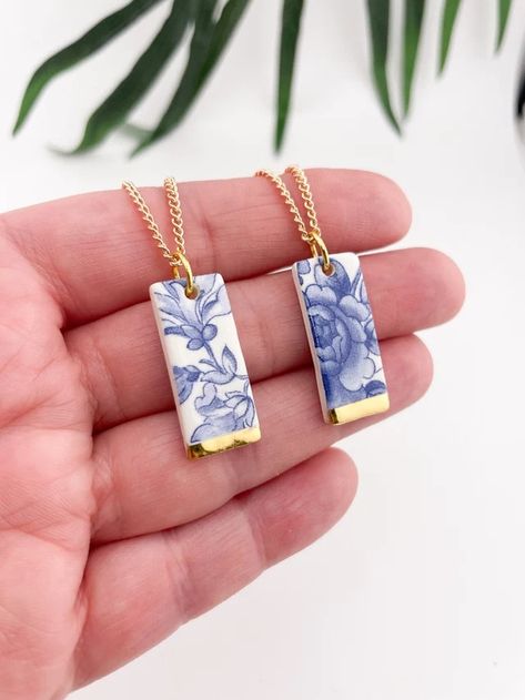 ClayBlanca - Etsy UK Handmade Enamel Pendant Charm Necklaces, Delft Clay Casting Jewellery, Elegant Blue Necklace With Pressed Flowers, Forget Me Not Resin Earrings, Blue Pressed Flower Necklace, Handmade Ceramic Jewelry, Rectangle Necklace, Necklace Stand, Broken China Jewelry