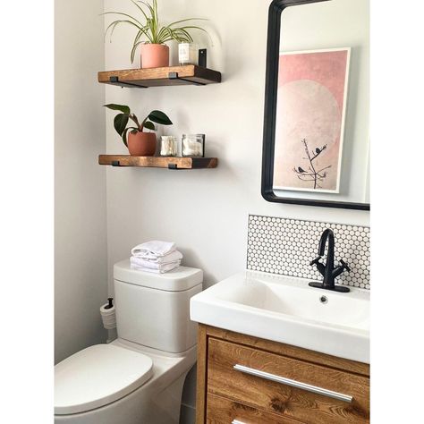 Sold individually, our wooden shelves are the perfect addition to elevate your bathroom with modern farmhouse charm and functional organization! These floating shelves come with 2 industrial brackets and all the necessary hardware for easy installation. Ideal for holding toiletries, towels, or decorative accents, these shelves will transform your bathroom into a stylish and organized oasis. *Each order contains 1 shelf and 2 J-brackets with installation hardware. For example, if you would like 3 Toilet With Shelves Above, Over Toilet Shelves Decor, Above Toilet Storage Shelves, Toilet Room Organization Ideas, Renter Friendly Bathroom Shelves, Shelves For Above Toilet, Shelf In Bathroom Above Toilet, Bathroom With Shelves Above Toilet, Bohemian Bathroom Accessories