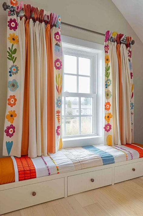 28 Bedroom Curtain Inspirations for a Gorgeous Makeover Colorful Window Curtains, Curtain Aesthetic, Orange Curtain, Funky Bedroom, Curtain Inspiration, Funky Kitchen, Diy Sewing Table, Bedroom Curtain Ideas, Bedroom Curtain