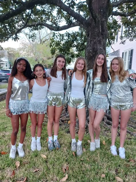 DISCO BALL COSTUME IDEA! MY PIC #halloween #preppy #discoball Disco Ball Party Outfit, Disco Ball Skirt Outfit, Disco Football Theme, Mirrorball Halloween Costume, Discoball Costumes, Mirror Ball Halloween Costume, Disco Ball Skirt, Disco Ball Halloween Costume, Disco Ball Outfit