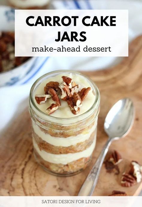 These carrot cake jars are the perfect make-ahead dessert or gift idea. Who can resist layers of moist carrot cake and scrumptious cream cheese frosting in a cute jar? Head to the blog for full recipe and instructions! #cakejars #makeaheaddessert Mason Jar Desserts Recipes, Mason Jar Cakes, Moist Carrot Cake, Cake Jars, Mason Jar Desserts, Dessert Cups Recipes, Cupcake In A Jar, Moist Carrot Cakes, Easy Carrot Cake