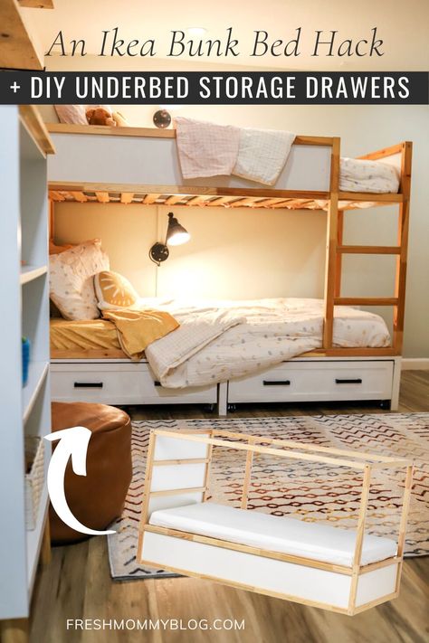 Ikea Kura Bunk Bed Boys, Kura Storage Hack, Under Kura Bed Storage, Ikea Kura Bunk Bed With Drawers, Bunk Bed Top Storage, Ikea Kura Bunk Bed Storage, Bunk Bed Cover Ideas, Bunk Bed And Loft Bed In One Room, Ikea Kura Drawers