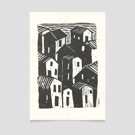 Picasso Linocut, Geometric Linocut, House Linocut, Linocut Prints Simple, Linocut Art Simple, Linocut Art Ideas, Linocut Landscape, Simple Linocut, Linocut Prints Art