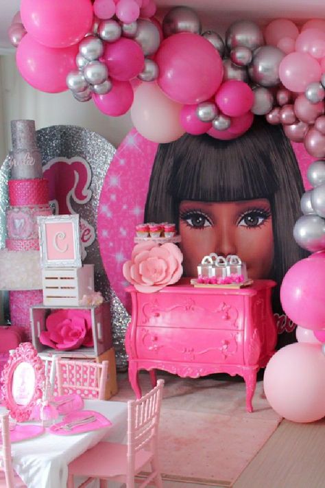 African American Barbie Birthday Party, Afro Barbie Birthday Party, Black Barbie Party Ideas, Barbie Treat Table, Barbie Dessert Table Ideas, Barbie Candy Table, Black Barbie Birthday Party, Barbie Dessert Table, Barbie Birthday Party Ideas