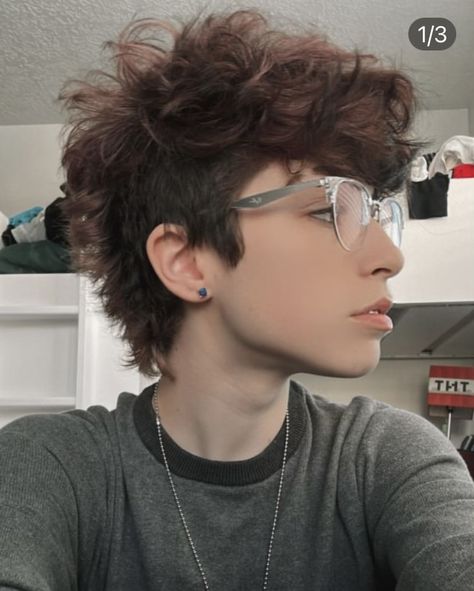 Grunge Mullet Haircut, Short Hair With Long Sideburns, Short Trans Haircuts, Short Hairstyles For Trans Men, Addison Grace Haircut, Fluffy Mullet Shaved Sides, Trans Ftm Haircuts Curly, Short Masc Hair Straight, Short Alt Hairstyles Masc