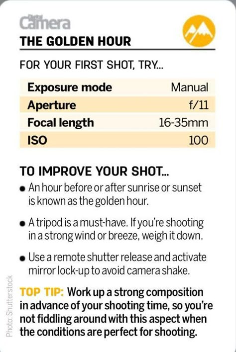 Photography Cheat Sheet: Camera Settings for a Golden Hour Shoot Sunrise Photography Cheat Sheet, Nikon D7500 Cheat Sheets, Sunset Photography Tips, Sunset Photo Settings, Sunset Photography Settings, Photography Cheat Sheet, Beginner Photography Camera, Manual Photography, Digital Photography Lessons