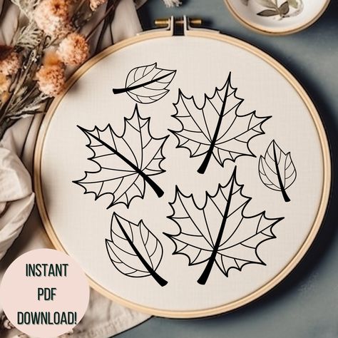 Pattern Embroidery Design, Autumn Embroidery, Fall Embroidery Designs, Embroidery Template, Hand Embroidery Pattern, Leaves Pattern, Hand Embroidery Patterns, Embroidery Inspiration, Hoop Art