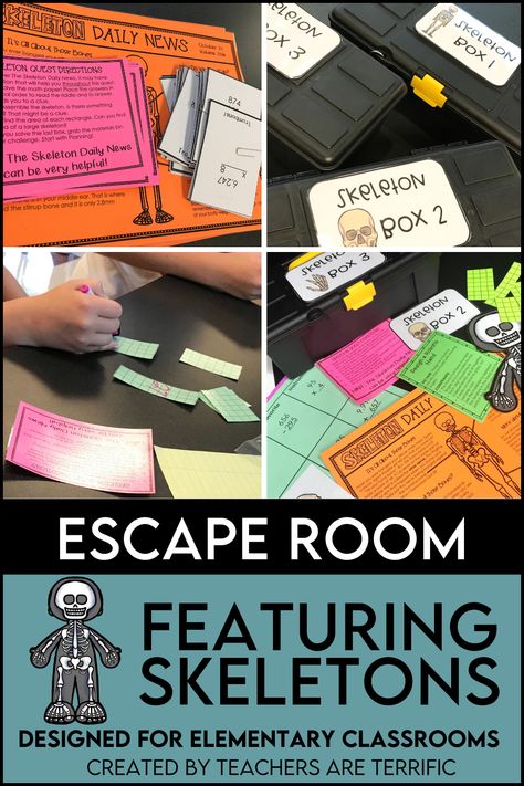 Skeleton Escape Room –Students complete three tasks finding clues to open locked boxes. The resource includes a “paper” locking system you can try instead of boxes with real locks. After escaping, students will design a Robotic Hand with the STEM Challenge included in this resource. Robotic Hand, Main Idea Worksheet, Stem Books, Stem Classes, Halloween Resources, Nonfiction Text Features, Engineering Design Process, Stem Challenge, Nonfiction Reading