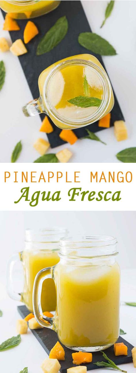 Pineapple Mango Agua Fresca Recipe #vegan #glutenfree #healthy | Vegetarian Gastronomy | www.VegetarianGastronomy.com Auga Frescas, Mango Agua Fresca Recipe, Mango Agua Fresca, Vegan Beverages, Agua Fresca Recipe, Vegan Drinks Recipes, Recipe Mexican, Tropical Drinks, Recipes Summer