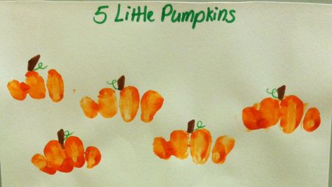 "Five Little Pumpkins" created by making a fist (thumb tucked in), paint the middle segment of fingers and stamp on paper. Pumpkin Finger Painting, Five Little Pumpkins, Finger Painting, Easy Pumpkin, Preschool Art, Painted Pumpkins, The Middle, Pumpkins, Preschool