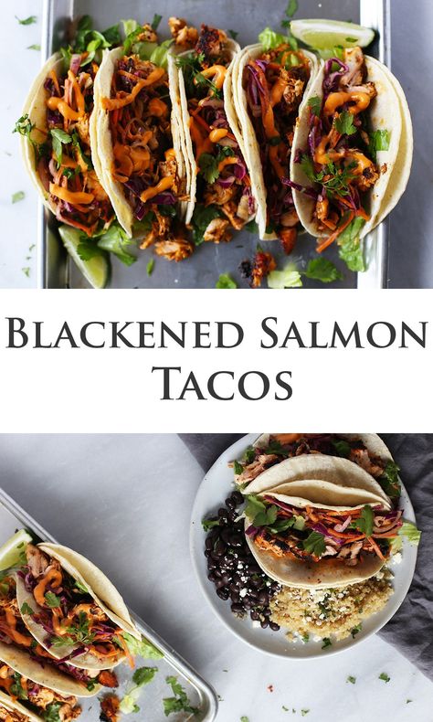 Blackened Salmon Tacos, Salmon Tacos Recipe, Salmon Tacos, Blackened Salmon, Baked Salmon Recipes, Grilled Salmon, Taco Recipes, Fish Tacos, Fish Dishes