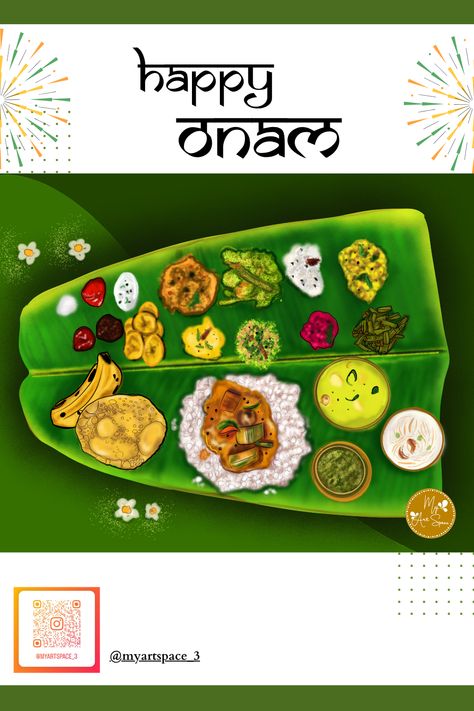 Where deliciousness meets tradition: My Onammunity! Sadhya is a traditional Kerala meal, essentially vegetarian, served on a banana leaf. A typical Sadhya can have two to three dozen dishes, which may sometimes go up to 64! During the 10-day Onam festival, an elaborate Sadhya is prepared which perhaps is another big attraction of the festival.💚🌴😋 Onam Sadhya Illustration, Onam Painting, Banana Leaf Illustration, Onam Sadya, Onam Sadhya, Onam Festival, Leaf Illustration, Digital Portrait Art, Commissioned Artwork