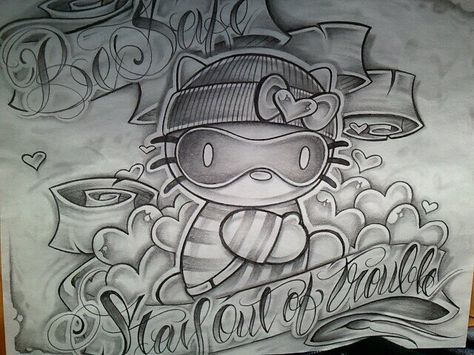 Hello Kitty jail house drawing made from my brother. Thug Hello Kitty Drawing, Drawings For Boyfriend In Jail, Hello Kitty Chicano Art, Jail Letter Drawings, Chicano Hello Kitty, Jail Prison Art, Jail Drawings, Prison Drawings, Easy Graffiti Drawings