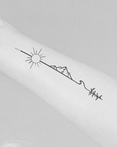 Small Wanderlust Tattoo, Tiny Tattoos Nature, Small Above The Knee Tattoos Women, Fine Line Mountain Tattoo Design, Travel Tattoo Minimalist, Simple Mountain Tattoos For Women, Sun Geometric Tattoo, Feminine Mountain Tattoo, Little Mountain Tattoo