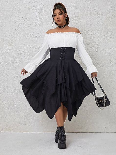 SHEIN Unity Plus Off Shoulder Lace Up Hanky Hem 2 In 1 Dress | SHEIN 2 In 1 Dress, 1950s Dresses, Hanky Hem, Vintage 1950s Dresses, 21st Dresses, Tap Dance, Character Reference, 1950s Dress, Knee Dress