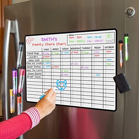 AmazonSmile : Large Magnetic Dry Erase Chore Chart 19 x 13 in - with Stain Resistant Technology - Fridge White Board Planner for Multiple Kids, Teens and Adults - Includes 8 Markers and Eraser with Strong Magnets : Office Products White Board Ideas Chores, Chore Board For Adults, White Board Family Organization, White Board Daily Schedule Ideas, Chores Chart For Adults, Chore Board Ideas Dry Erase, Family White Board Ideas, White Board To Do List, Chore Whiteboard