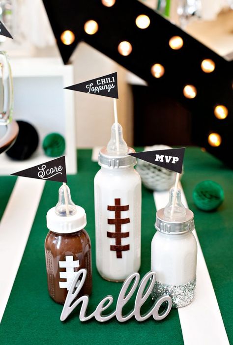 Football Baby Shower Theme, Baby Bottle Decorations, Unique Baby Shower Themes, Sports Baby Shower Theme, Bottle Decorations, Football Baby Shower, Baby Shower Party Themes, Sports Baby Shower, Sip And See