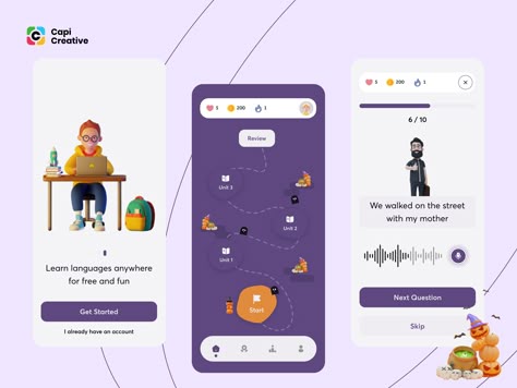 Share your thoughts on this inspirational design for a language-learning app :) #mobileappdesign #uiux #uidesign #english #learning #appdesign #learningapp #capi #app #mobile #creative #design #ui Language Learning App Ui Design, Learning App Design, Kids App Design, English App, Language App, Word App, Uiux Design, Language Apps, Mobile App Design Inspiration