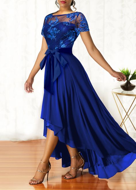 ROTITA Sapphire Blue Lace Patchwork Belted Maxi Dress | Rotita.com - USD $36.98 Ballroom Dress Inspiration, Royal Blue Suit, Belted Maxi Dress, Maid Of Honour Dresses, Women Blouses Fashion, Ankara Dresses, Affordable Wedding Dresses, Ballroom Dress, Grad Dresses