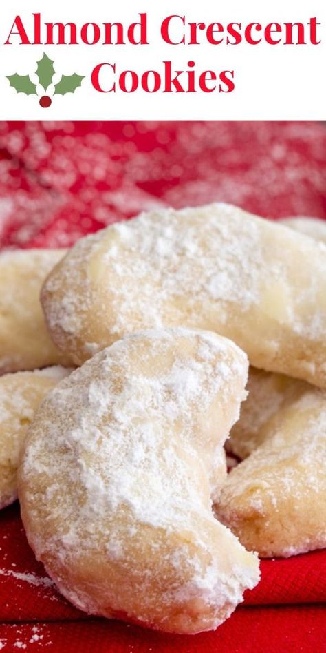 Hungarian Crescent Cookies, Best Cookies With Tea, Almond Crescents Cookies Recipe, Italian Almond Crescent Cookies, Almond Horseshoe Cookies, Christmas Crescent Cookies, Cooking With Almonds, Almond Crescent Cookies Christmas, Italian Crescent Cookies