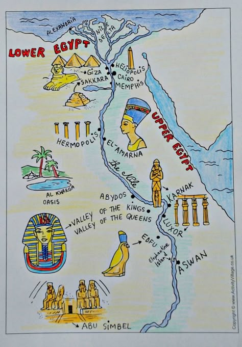 Ancient Egypt black and white map from Activity Village coloured in by the kids of ofamilylearningtogether.com Egypt Black And White, Ancient Egypt Display, Egypt Display, Ancient Egypt Map, Ancient Egypt Unit Study, Ancient Egypt Crafts, Ancient Egypt Activities, Ancient Egypt For Kids, Ancient Egypt Unit