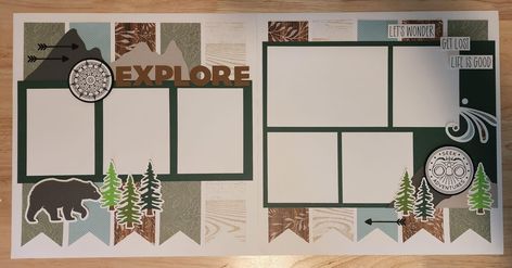 Outdoors Scrapbook Layouts, Small Scrapbook, Summer Scrapbook Layouts, Camping Scrapbook, Scrapbook Planning, Fall Scrapbook Layouts, Scrapbooking Layouts Travel, Cruise Scrapbook, Travel Scrapbook Pages