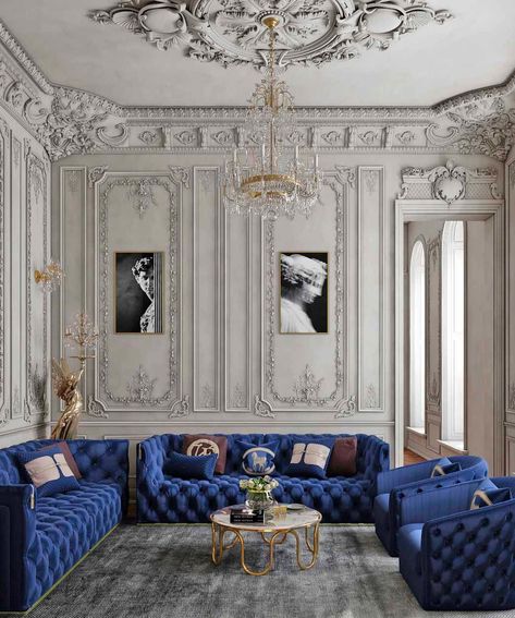 Regal Room, Tufted Sofas, Neoclassical Interior Design, White Living Room Decor, Blue And White Living Room, Neoclassical Interior, Blue Couches, French Country Living Room, Deco Blue