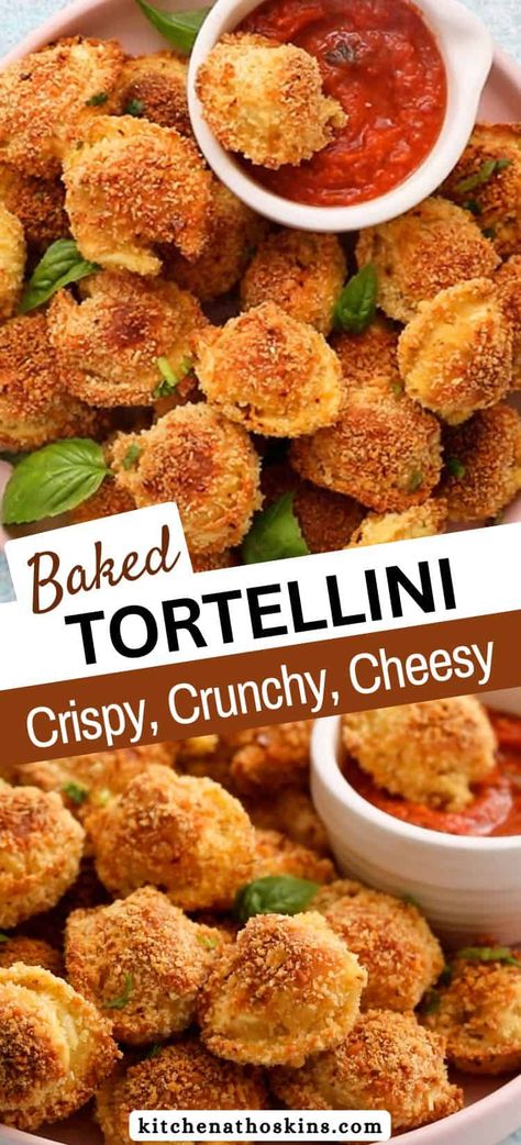 Cheese Tortellini Appetizer Recipes, Tortellini Party Snacks, Tortellini Bites Appetizers, Tortellini Meatball Bake, Cheese Tortalini, Cheese Tortilini Recipes, Recipes Using Cheese Tortellini, Crostini Appetizers Easy, Crispy Tortellini