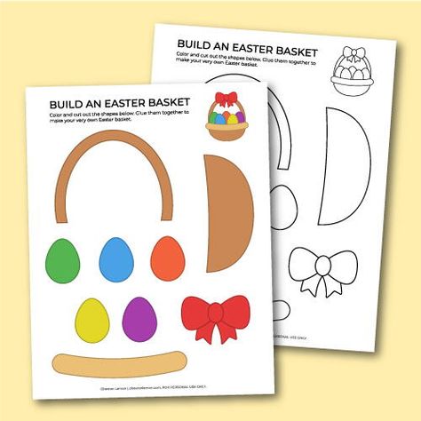 Printable build an Easter basket papercraft for kids. This simple Easter craft will keep kids entertained. Use it during Easter celebrations, at family gatherings, or simply as a boredom buster on a rainy day. This fun activity is great for developing fine motor skills. Simply download the template and print it at home. Let kids color and cut out the shapes, then put the basket together with a bit of glue. Kids will have lots of fun creating their own Easter basket! Basket Craft For Kids, Easter Basket Printable, Easter Basket Craft, Easter Basket Crafts, Printable Games For Kids, Cut And Glue, Basket Crafts, Easy Easter Crafts, Holiday Crafts For Kids