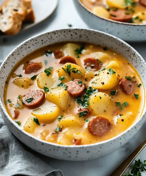 Hearty Potato Kielbasa Soup with smoky sausage, tender potatoes, and creamy broth. A perfect comfort meal for cold days. Potato Kielbasa Soup, Potato Kielbasa, Easy Kielbasa Recipes, Kielbasa Soup, Kielbasa Recipes, Crockpot Soups, Soup Crocks, Gnocchi Recipes, Crock Pot Soup